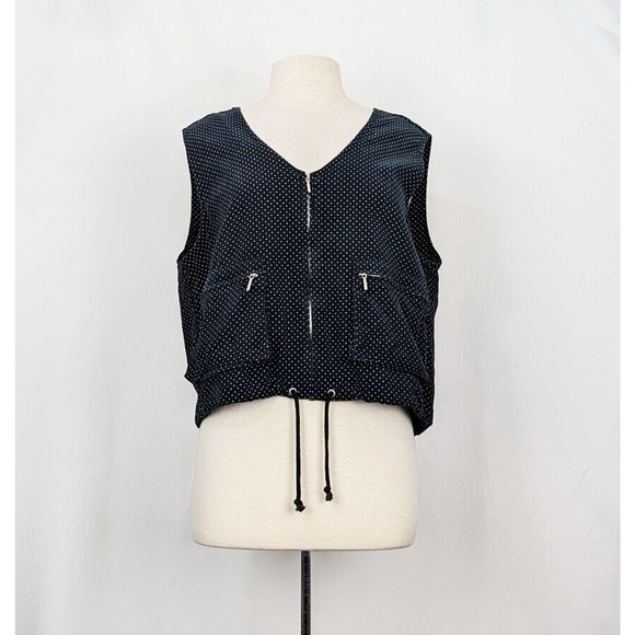 Vintage 90s Vest Esprit Navy Blue Gray Polka Dots Corduroy Zip Misses Size L - Picture 1 of 7
